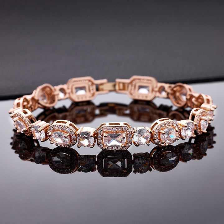 Square & Oval Halo Diamond Tennis Bracelet, Luxury European Full Diamond Gold-Plated Elegant Bracelet for Women