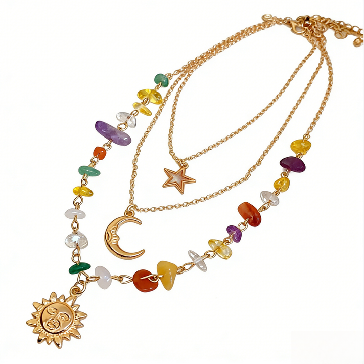 Sun Moon Star Chakra Stone Layered Necklace Set (Boho Mystic Choker)