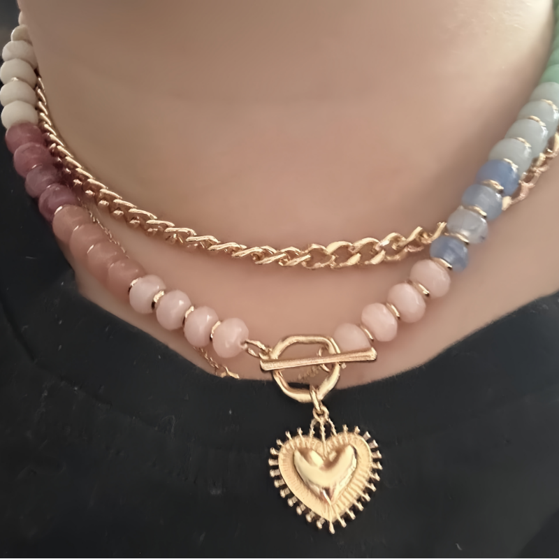 Rainbow Beaded Curb Chain Heart Pendant Necklace (Boho Layered Choker)