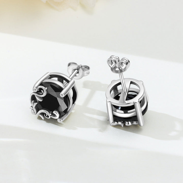 Vintage Scroll‑Pattern Black Gem Stud Earrings