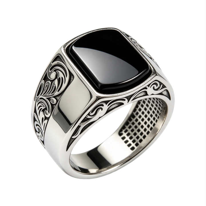 Vintage Cloud Pattern Onyx Signet Men Ring