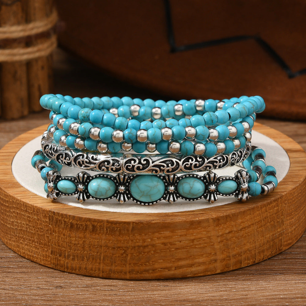 Bohemian Turquoise Multi-Layer Bracelet Set, Vintage Antique Silver Ethnic Stackable Beaded Bracelets, Women Vacation Jewelry
