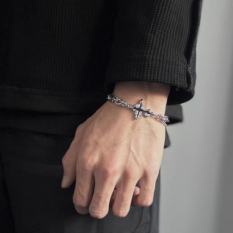 Hip Hop Double Layer Four-Pointed Star Necklace & Bracelet Set, Vintage Silver Enamel Star Unisex Street Accessories