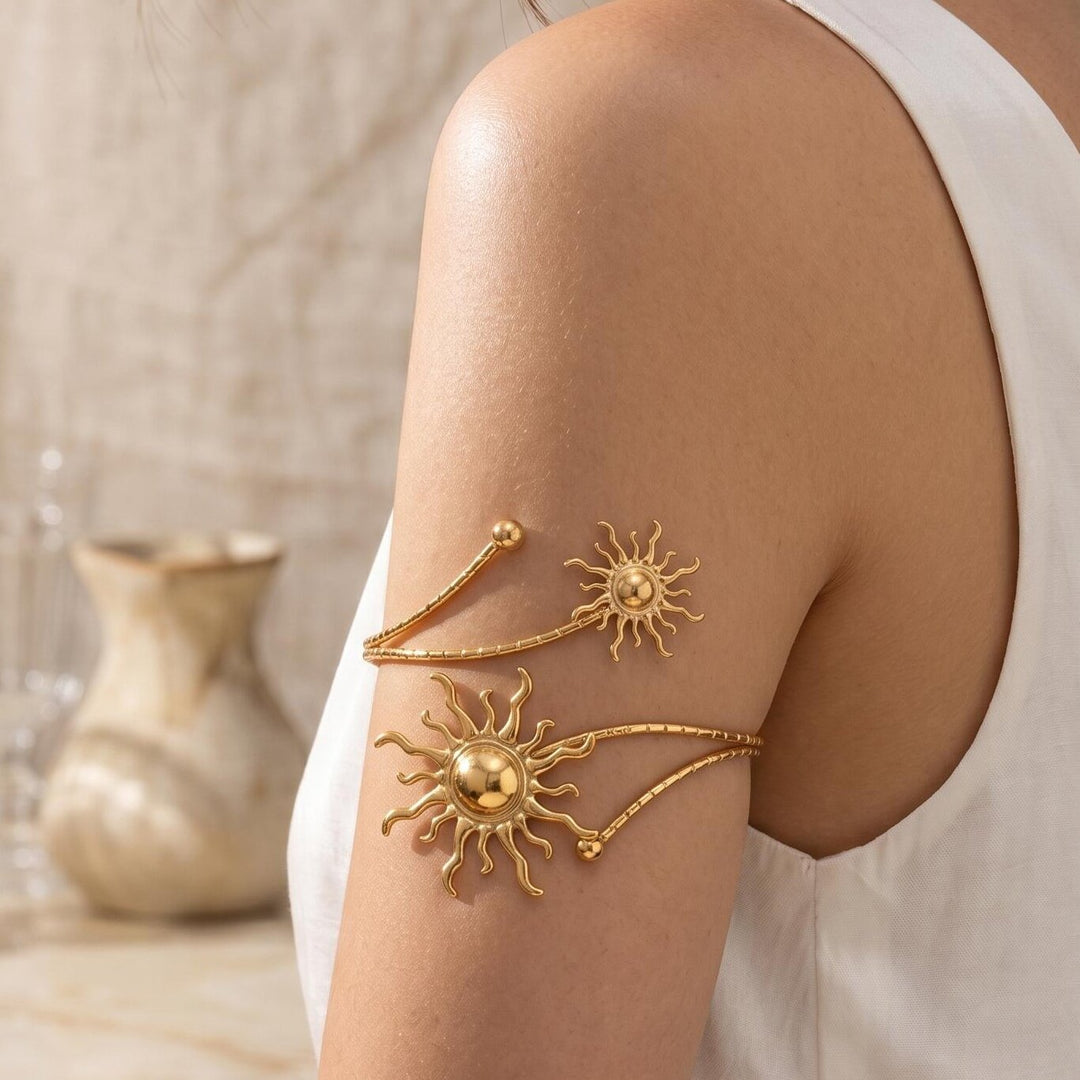 Vintage Dual Sun Pattern Adjustable Arm Cuff, Gold & Silver Bohemian Open Upper Arm Bracelet