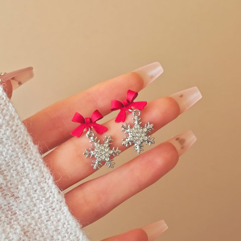 S925 Silver Bow Snowflake Diamond Drop Earrings