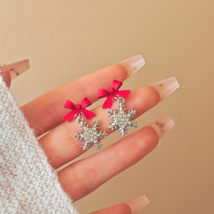 S925 Silver Bow Snowflake Diamond Drop Earrings