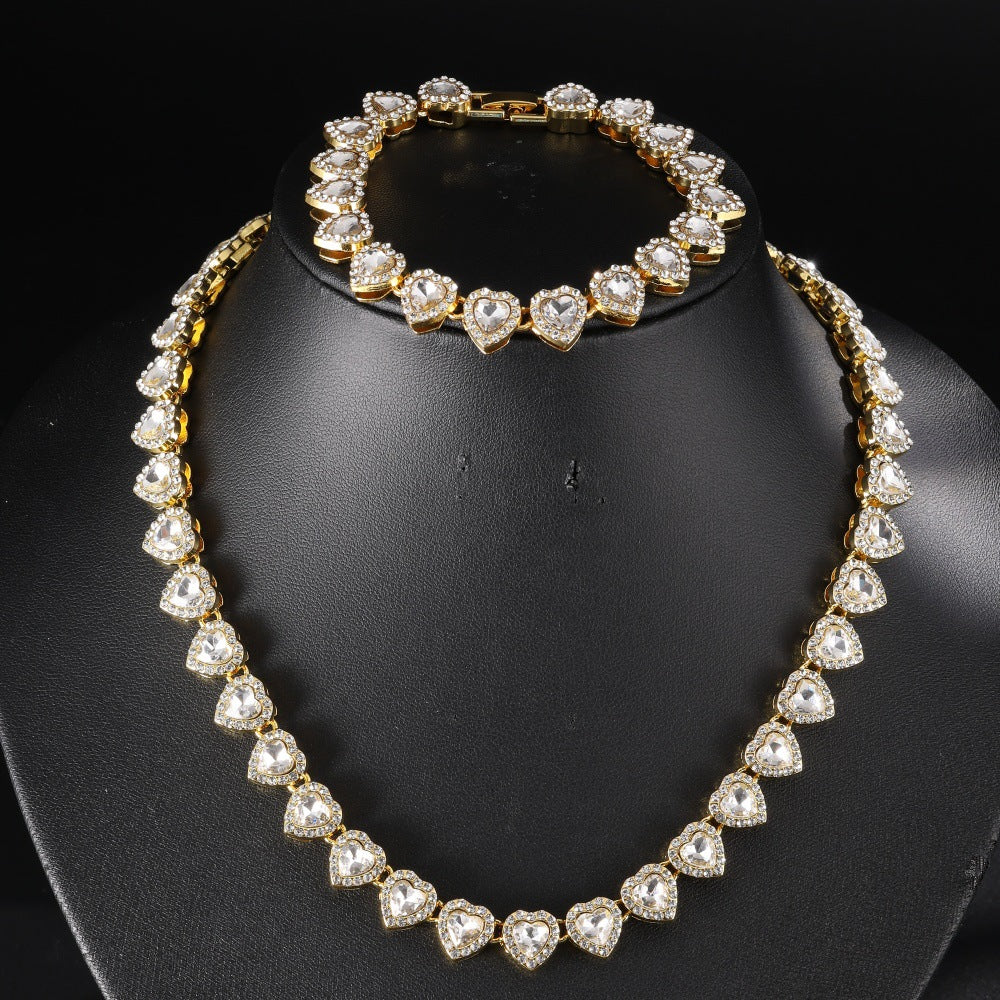 Full Paved Heart Chain Bracelet & Necklace Set, Sweet Style Dual-tone Heart Halo Diamond Matching Jewelry for Women & Couples