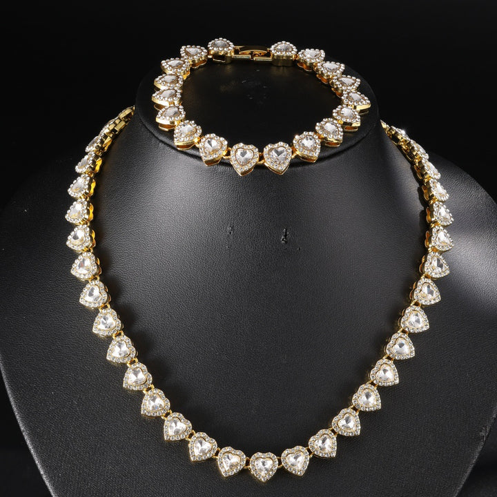 Full Paved Heart Chain Bracelet & Necklace Set, Sweet Style Dual-tone Heart Halo Diamond Matching Jewelry for Women & Couples