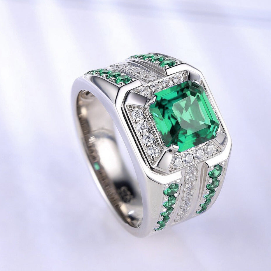 Square‑Cut Three‑Row Pave Wide‑Band Men’s Ring, Two‑Color Options