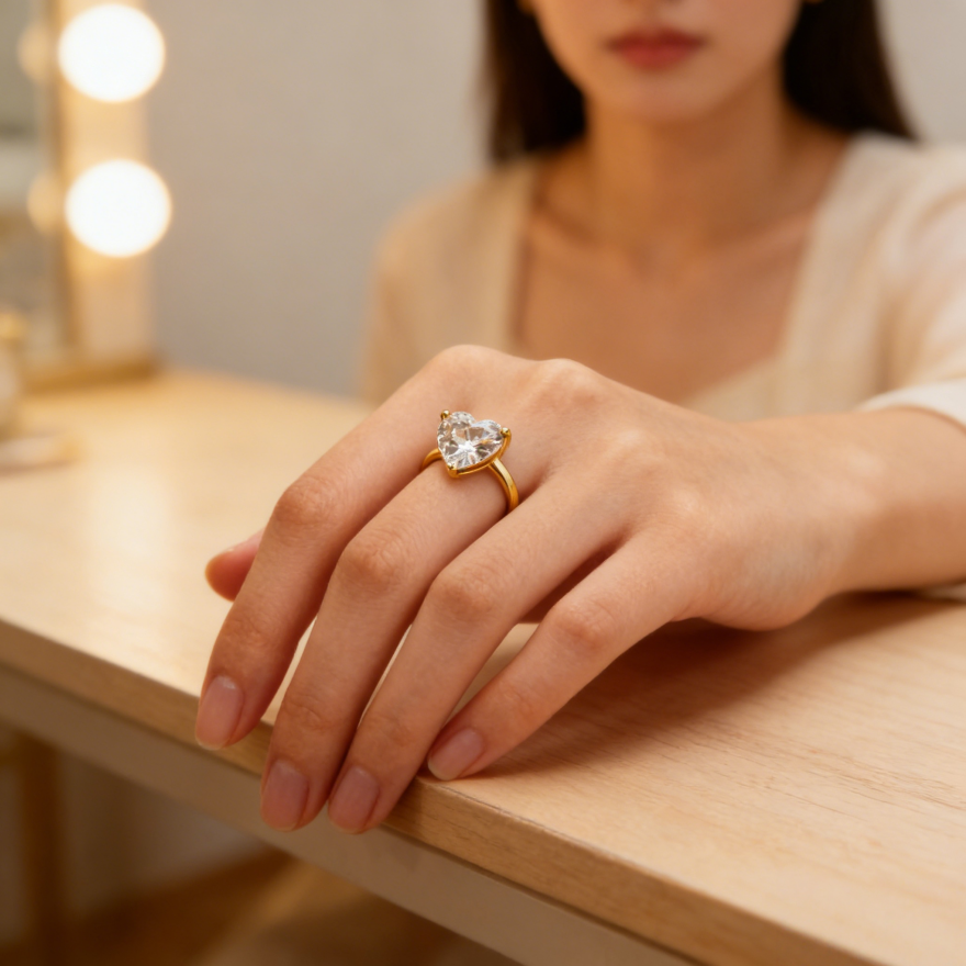 Heart Diamond Three-Prong Solitaire Ring (2 Colors Delicate Engagement Band)
