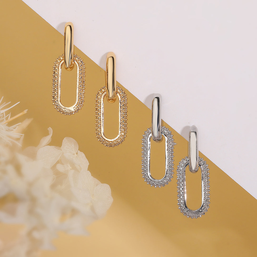 Double Link Paved Diamond Chain Huggie Earrings, Luxury Geometric Long Hollow Earrings, Gold & Silver Two Tones Available