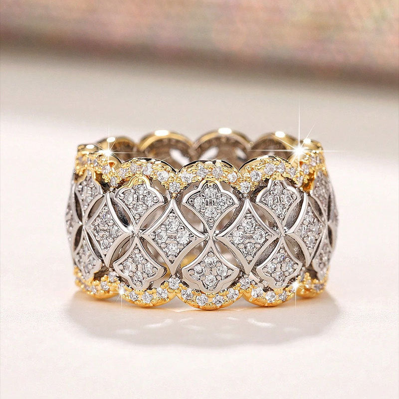 Two-Tone Window Filigree Wide Ring, Vintage Royal Diamond Carved Band For Women, S925 Silver Base