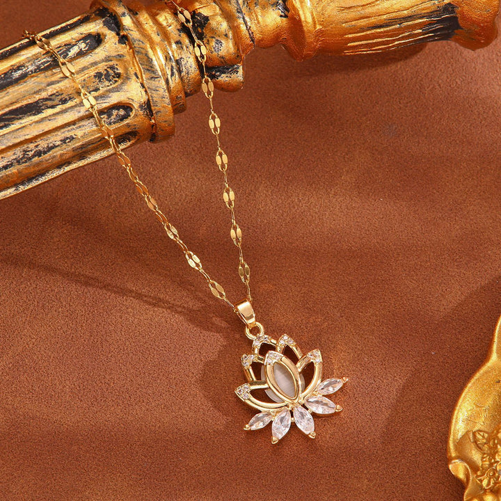 Hollow Lotus Pink Cat's Eye Diamond Collarbone Necklace, 14K Gold Plated Shimmer Fish Scale Dainty Floral Necklace
