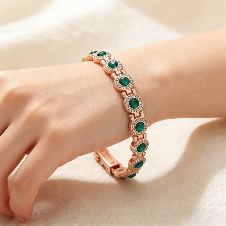 Rose Gold Tone Green Stone Pavé Health Bracelet (Delicate Magnetic Bangle)