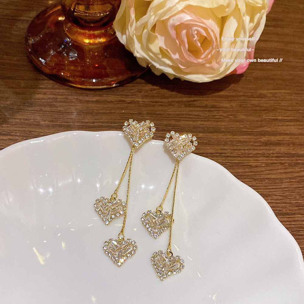 Luxury Hollow Heart Tassel Diamond Drop Earrings (Gold Tone Elegant Long Statement Earrings)