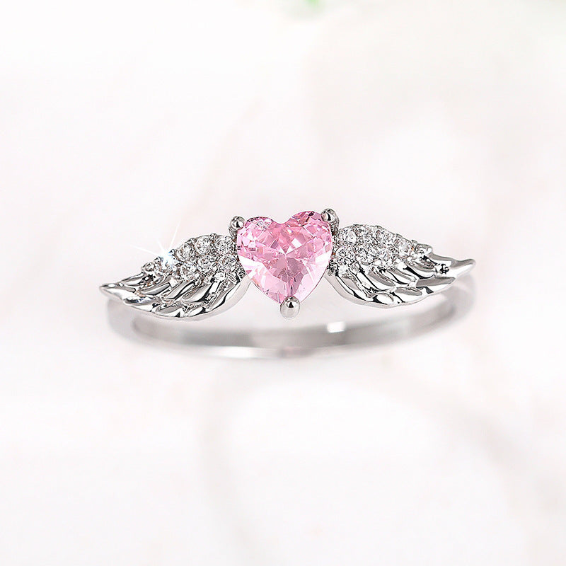 Angel‑Wing Heart‑Shaped Pink Diamond Open Ring