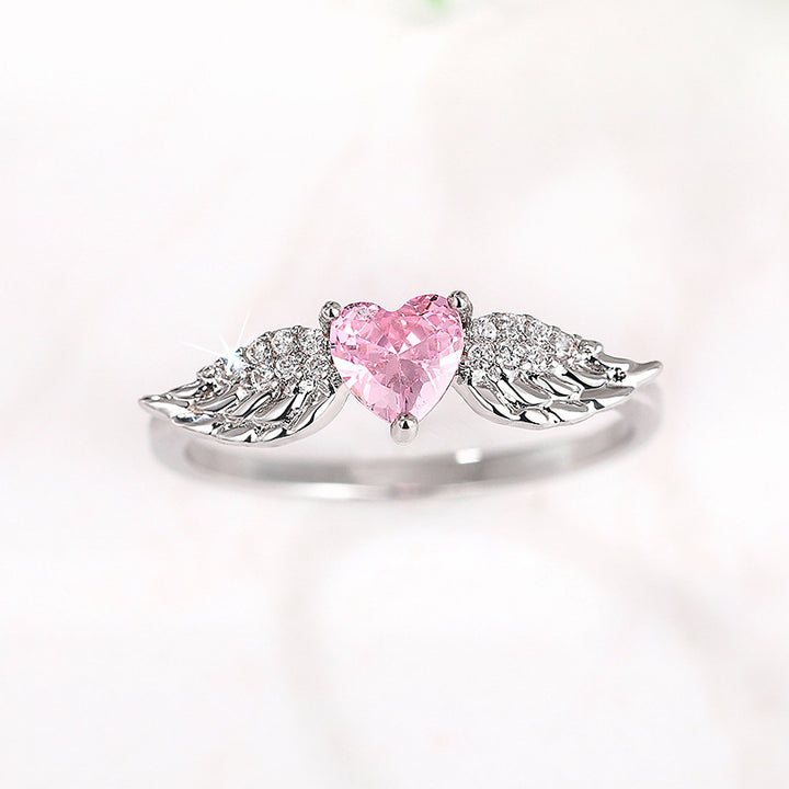 Angel‑Wing Heart‑Shaped Pink Diamond Open Ring