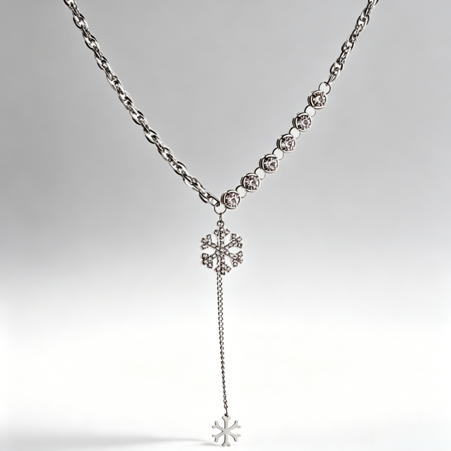 Double Snowflake diamond Y-Shaped Necklace (Silver-Tone Delicate Choker)