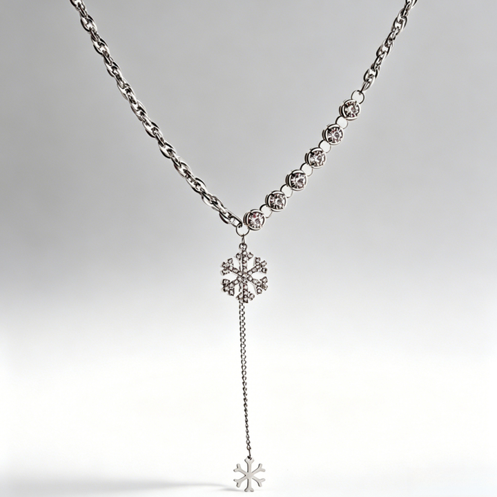 Double Snowflake diamond Y-Shaped Necklace (Silver-Tone Delicate Choker)