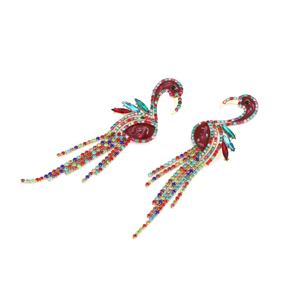 Heavy Craft Flamingo Paved Crystal Tassel Earrings, Color Enamel Mixed Rhinestone Long Bold Banquet Statement Jewelry Two Styles