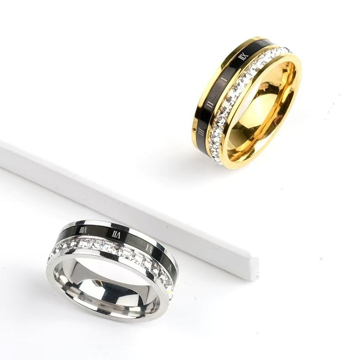 Rotatable Roman Numeral Diamond Inlaid Ring, 3-Color European Luxury Stress Relief Wide Couple Band