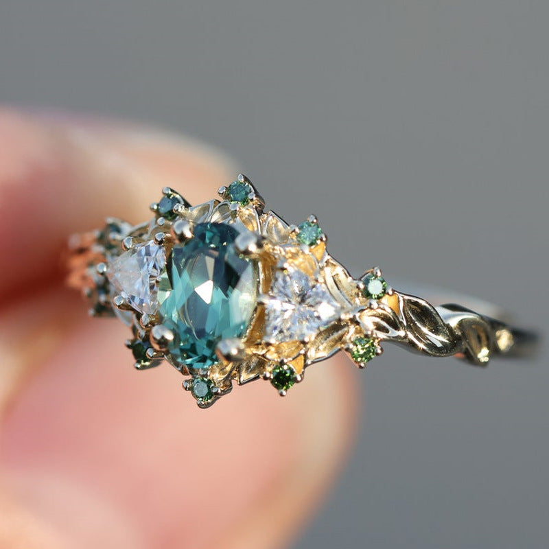 Two-Tone Gold Teal Diamond Forest-Style Ring (Vintage Luxury Engagement Band)