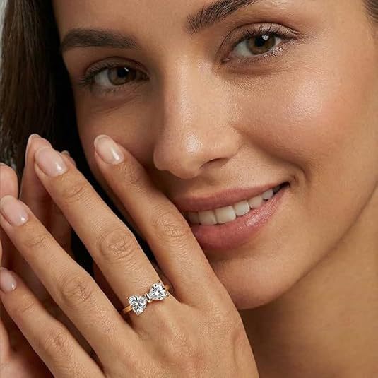Double Heart Bow Diamond Ring (Girly Silver Tone Statement Band)