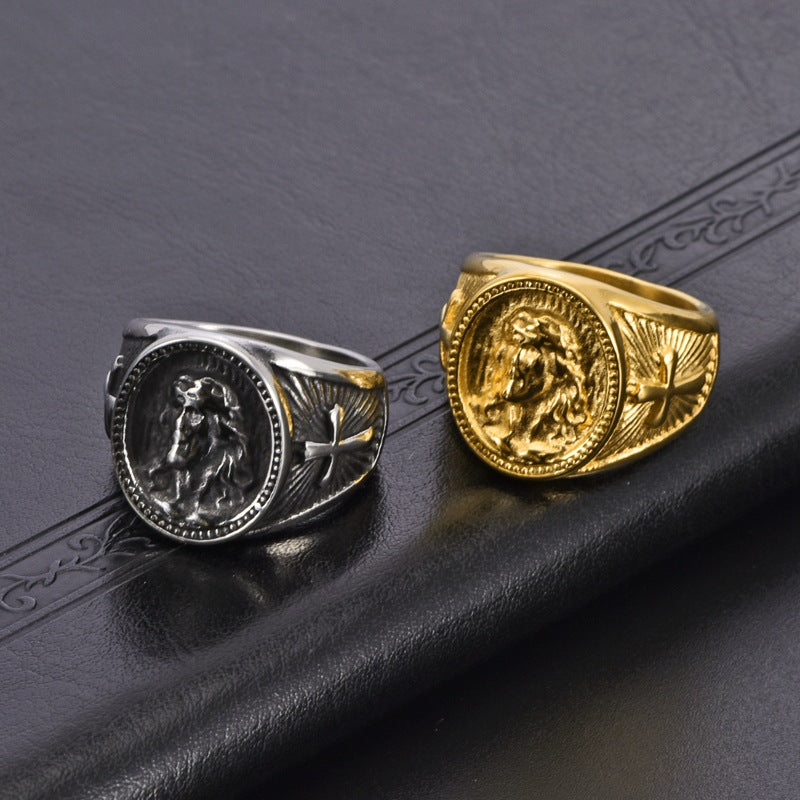 Vintage Antique Jesus Portrait Titanium Steel Men Ring, Cross Radiant Engraved Wide Religious Statement Band