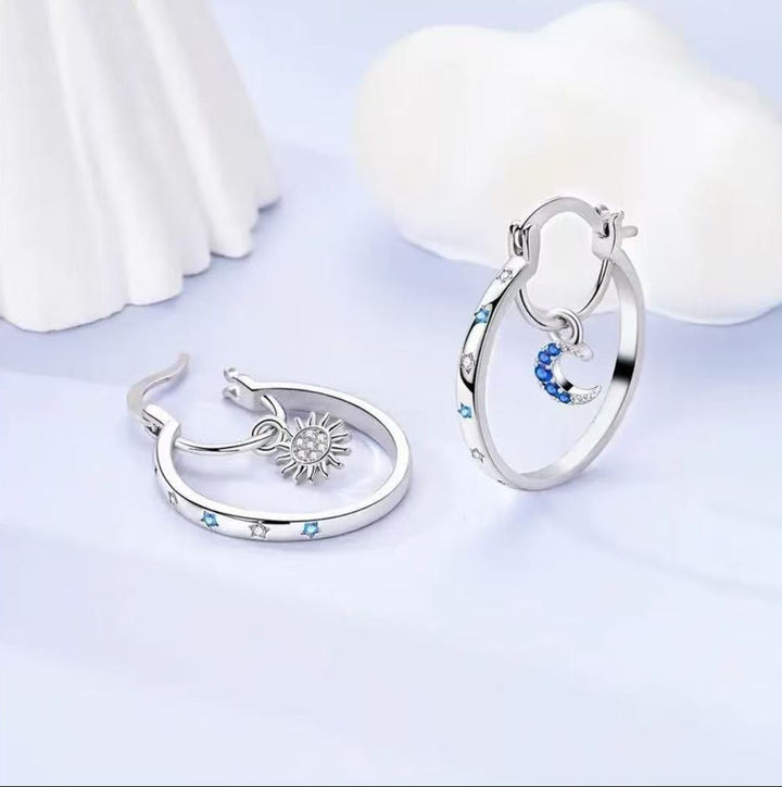 Sun & Moon Asymmetric Hoop Earrings, Celestial Star Paved Diamond Click Hoops Gold & Silver Dreamy Sky Jewelry