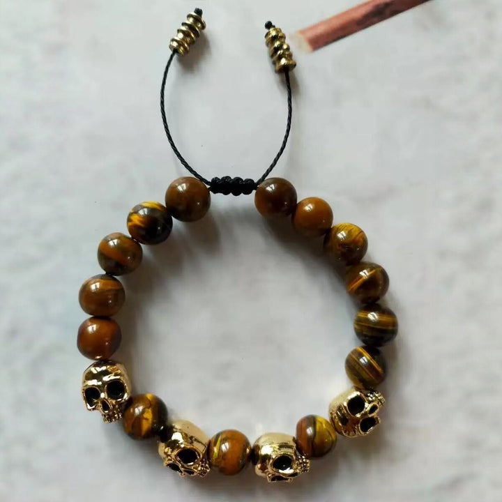 Vintage Skull Natural Stone Adjustable Braided Bracelet, Tiger Eye & Obsidian Dark Street Unisex Beaded Wrist Jewelry