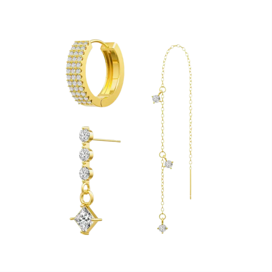 Luxury 3-Piece Diamond Earring Set, Paved Wide Hoops + Linear Square Drop Studs + Multi-Stone Threader Earrings Gold & Silver Jewelry Kit