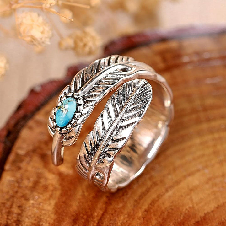 Vintage Feather Turquoise Open Adjustable Ring, Ethnic Antique Silver Unisex Wrap Statement Ring