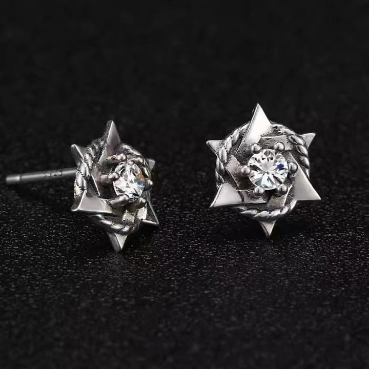 Vintage Antiqued Hexagram S925 Silver Stud Earrings, Rope Wrapped Diamond Studs, Dark Punk Unisex Earrings, White Diamond / Black Diamond Two Options