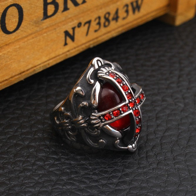 Vintage Cross Red Gem Embossed Antiqued Signet Ring, S925 Silver Dark Gothic Wide Band For Men