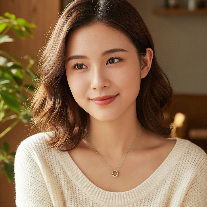 Twisted Rope Pave Diamond Circle Collarbone Necklace, 2 Colors Gold & Silver Minimal Hollow Wreath Jewelry