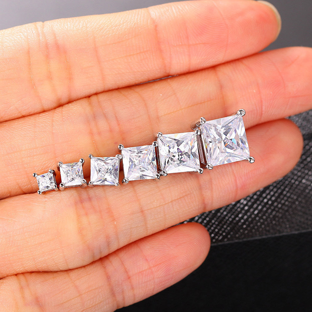 Princess Cut Diamond Multi-Size Stud Earring Set (Light Luxury Versatile Basic Earrings)
