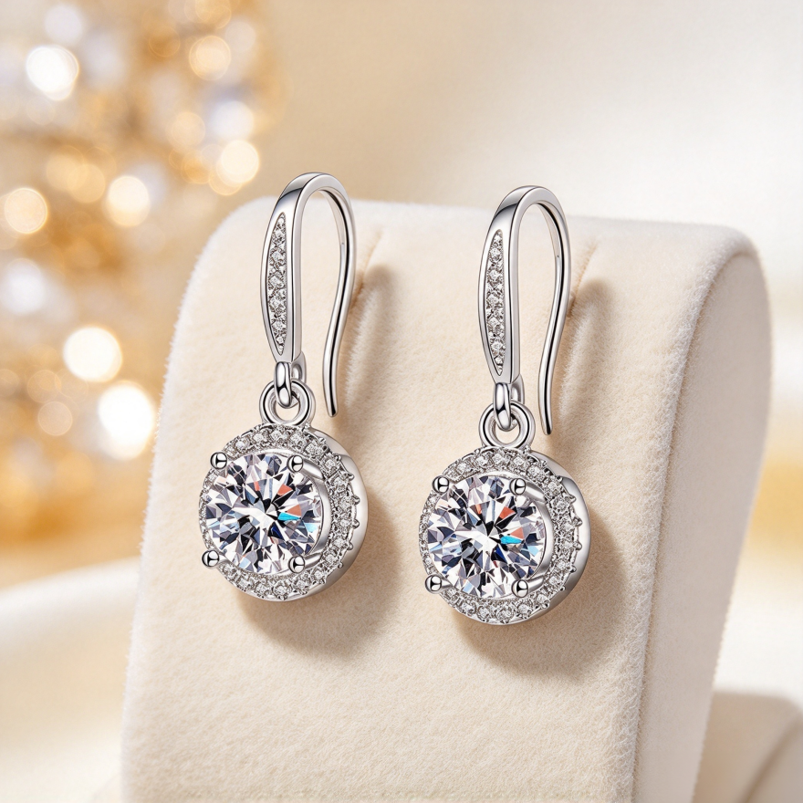 S925 Silver Round Halo Hook Earrings, Luxury Round Diamond Dangle Earrings