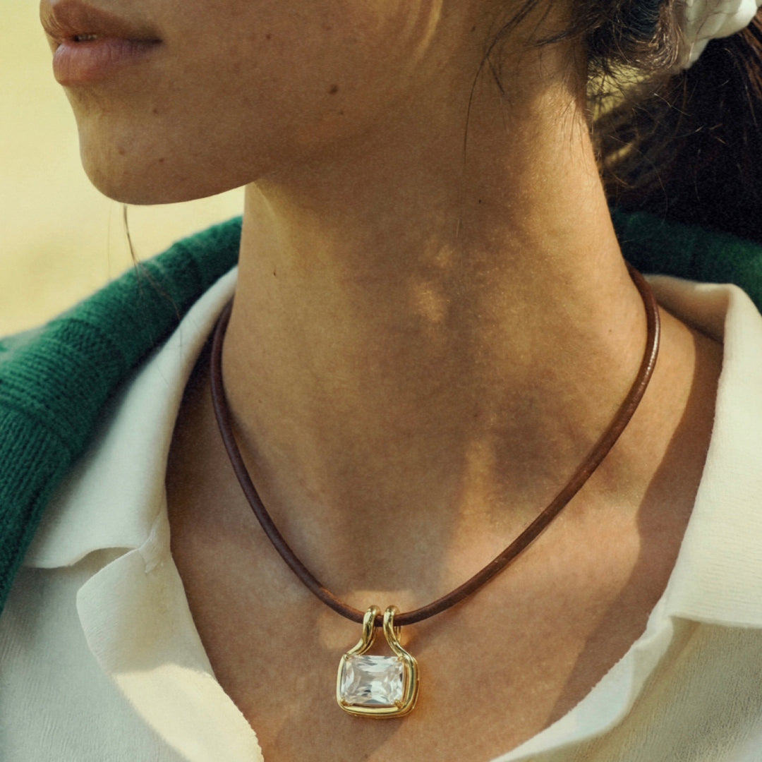 Square Multicolor Diamond Leather Cord Choker Necklace