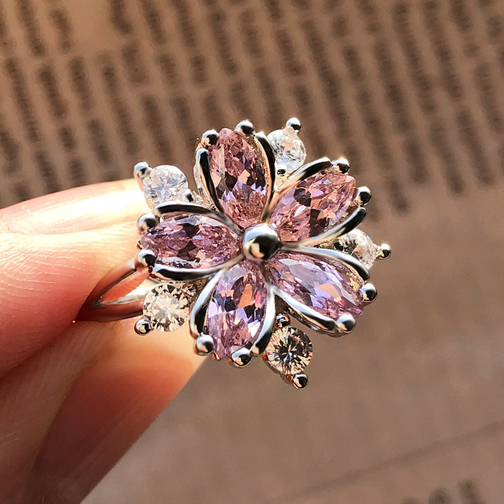 Cherry Blossom Marquise Diamond Ring, Floral Ring with Pink & Clear Stones Two Colors Available