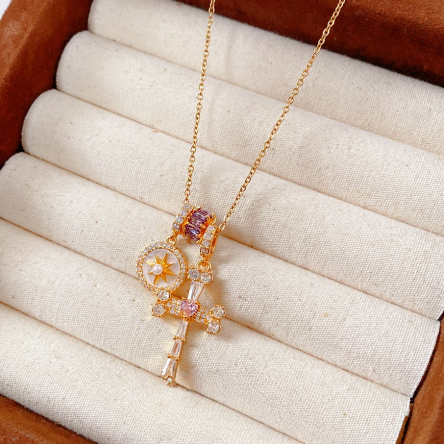 Vintage Eight-pointed Star & Multi-stone Cross Pendant Necklace, Luxury Diamond Faith Jewelry