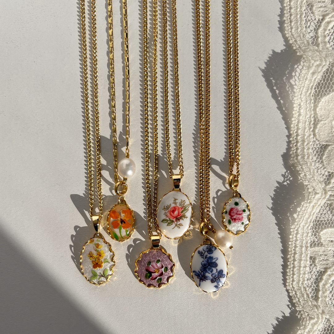 Vintage Floral Ceramic Tile Necklace Set (French Gentle Pastoral Choker)