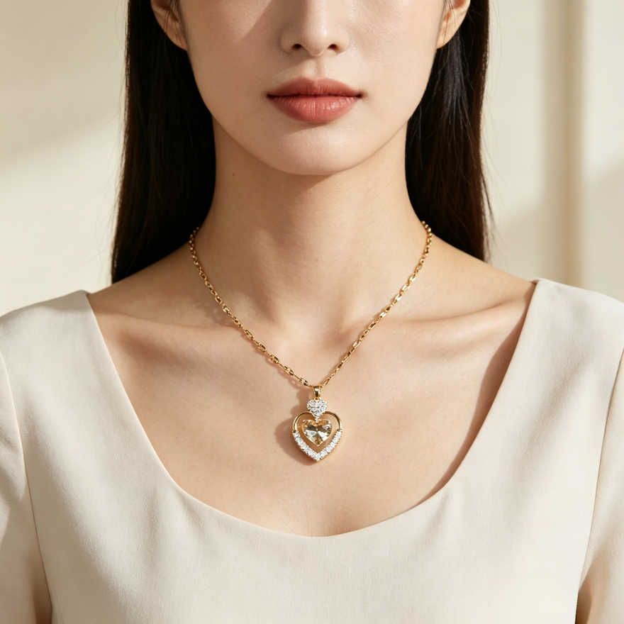 Double Layer Heart Champagne Diamond Pendant Necklace