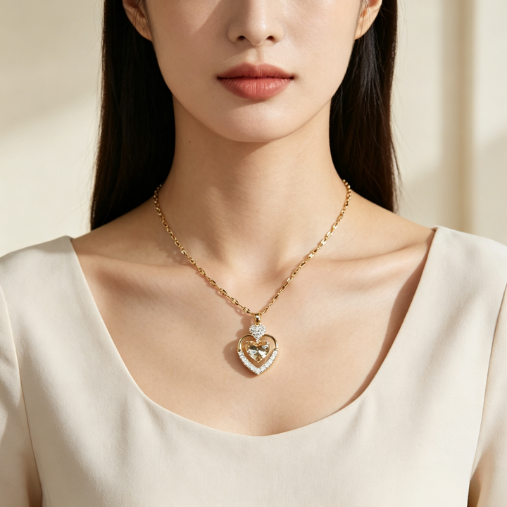Double Layer Heart Champagne Diamond Pendant Necklace