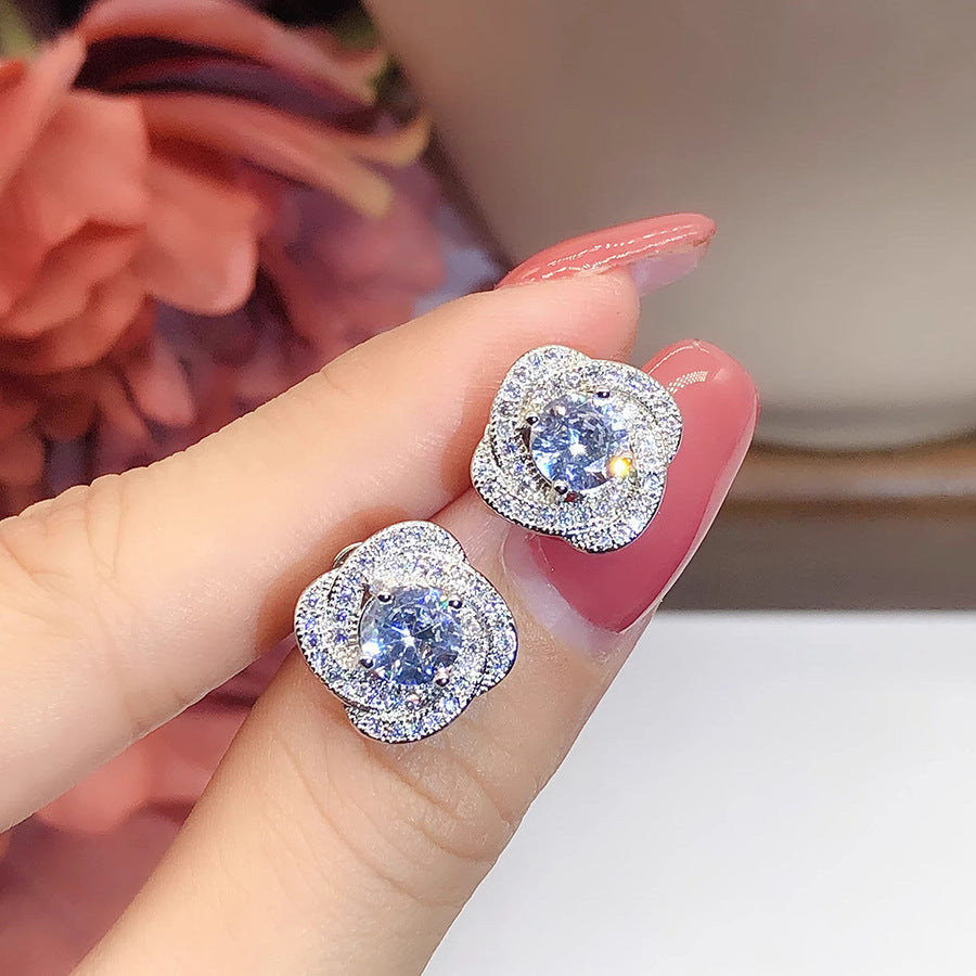 S925 Silver Spiral Halo Diamond Stud Earrings, Luxury Full Paved Flower Earrings for Women
