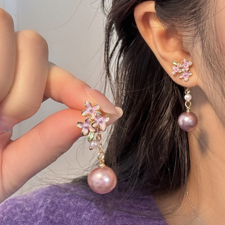 Purple Enamel Flower Dark Purple Pearl Drop S925 Silver Stud Earrings, Gentle Vintage Floral Pearl Dangle Earrings