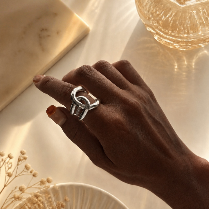 Double Twisted Interlocked Plain Band Ring, Gold & Silver Minimalist Thick Polished Ring