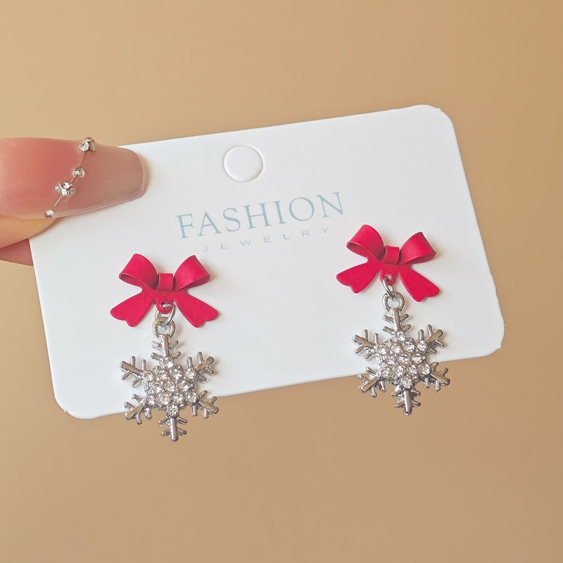 S925 Silver Bow Snowflake Diamond Drop Earrings