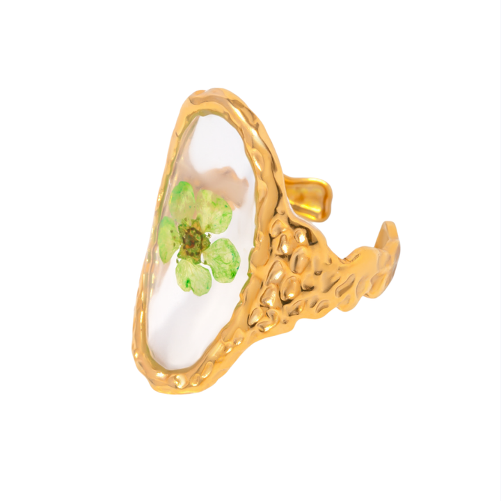 Hammered Frame Oil Painting Open Ring, Pastoral Floral Art Ring