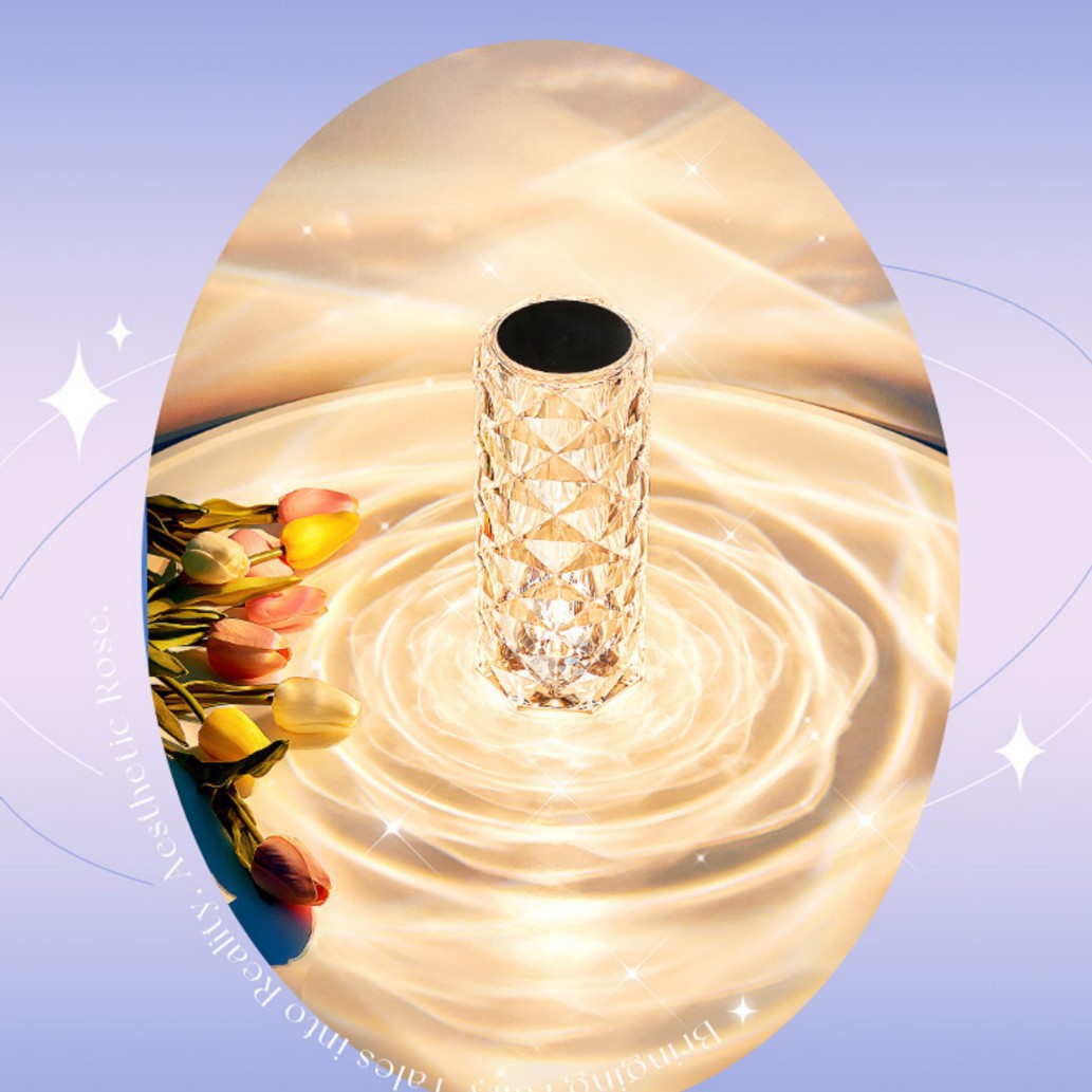 Diamond Cut Crystal Rose Atmosphere Table Lamp, 16 RGB Color Touch & Remote Rechargeable Projection Night Light