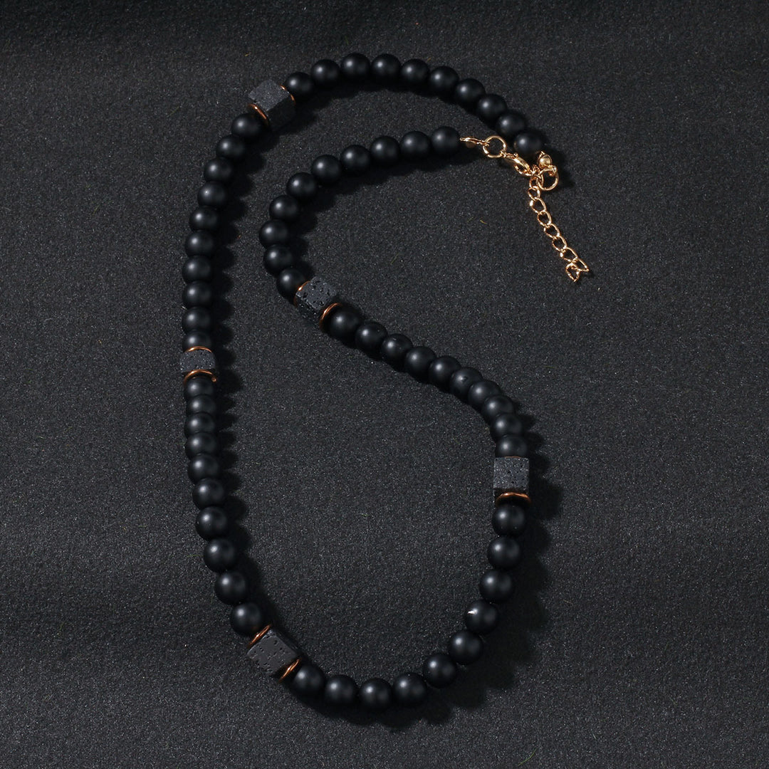 Matte Black Lava Stone Men Bracelet & Necklace Set, Vintage Frosted Beads Neutral Adjustable Jewelry Set